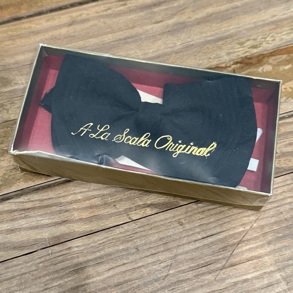 A La Scala Bow Tie Men OS Black Excellent Vintage Silk Clip-On Retro with Box